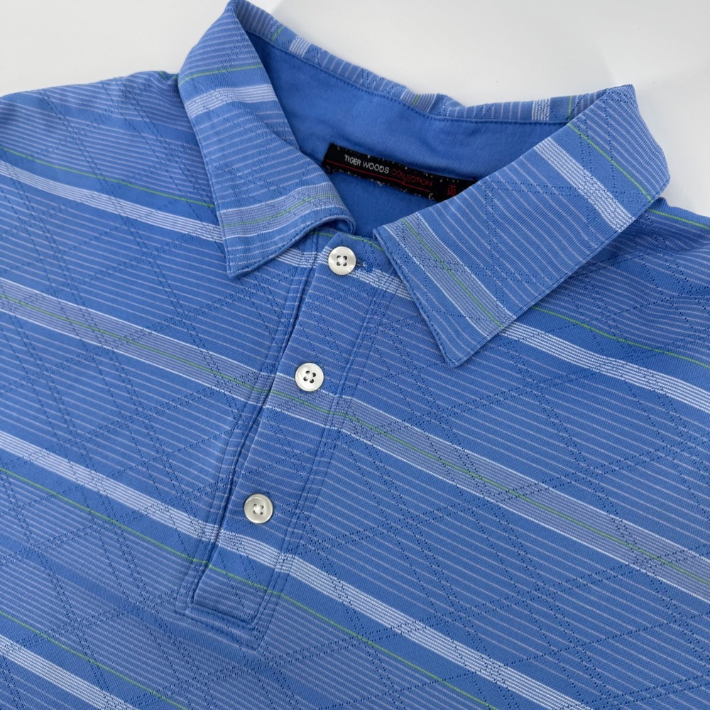 Nike Tiger Woods Collection Polo Shirt Mens Large Blue Striped Diamond Texture